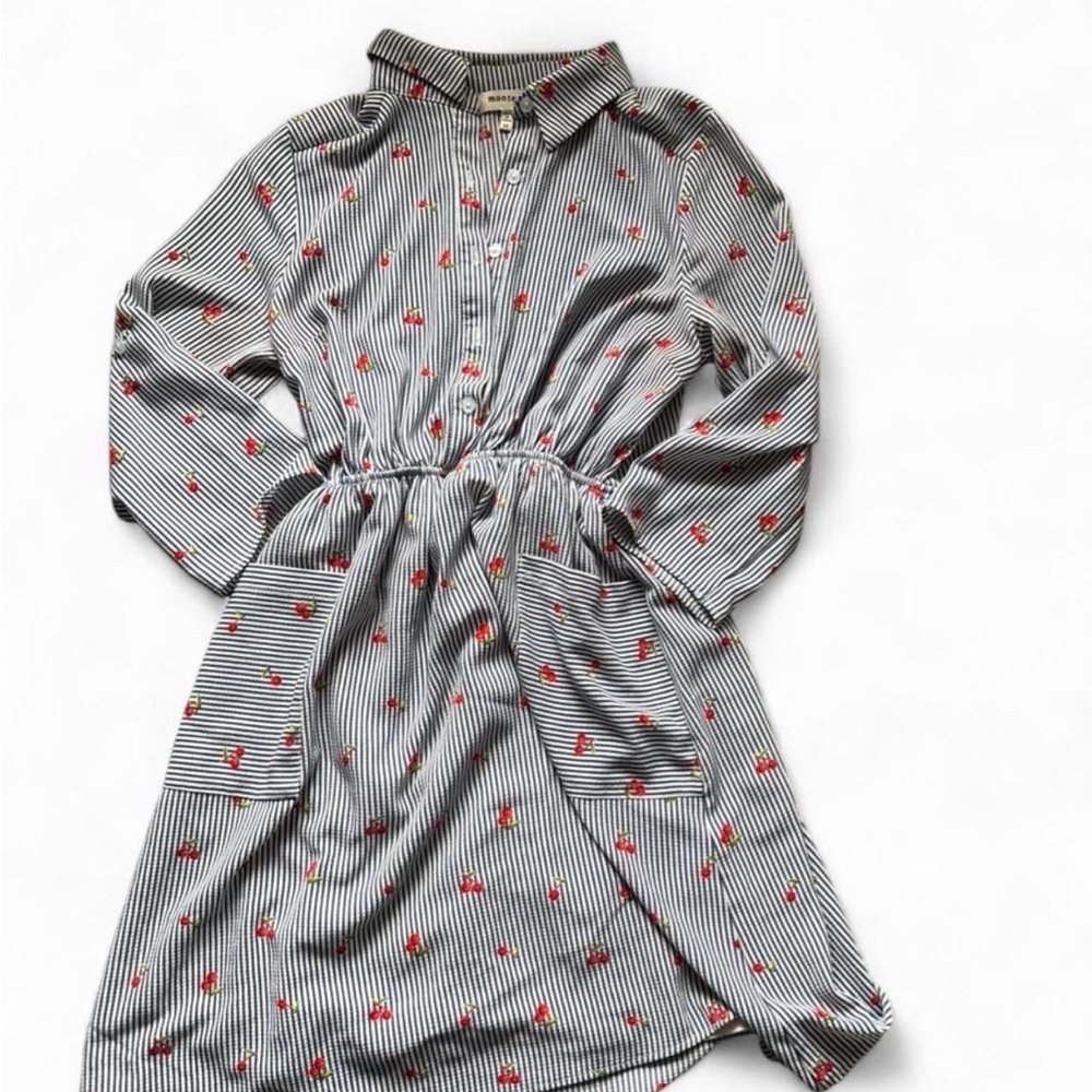 Striped Button-Up Dress with Red Cherry Print